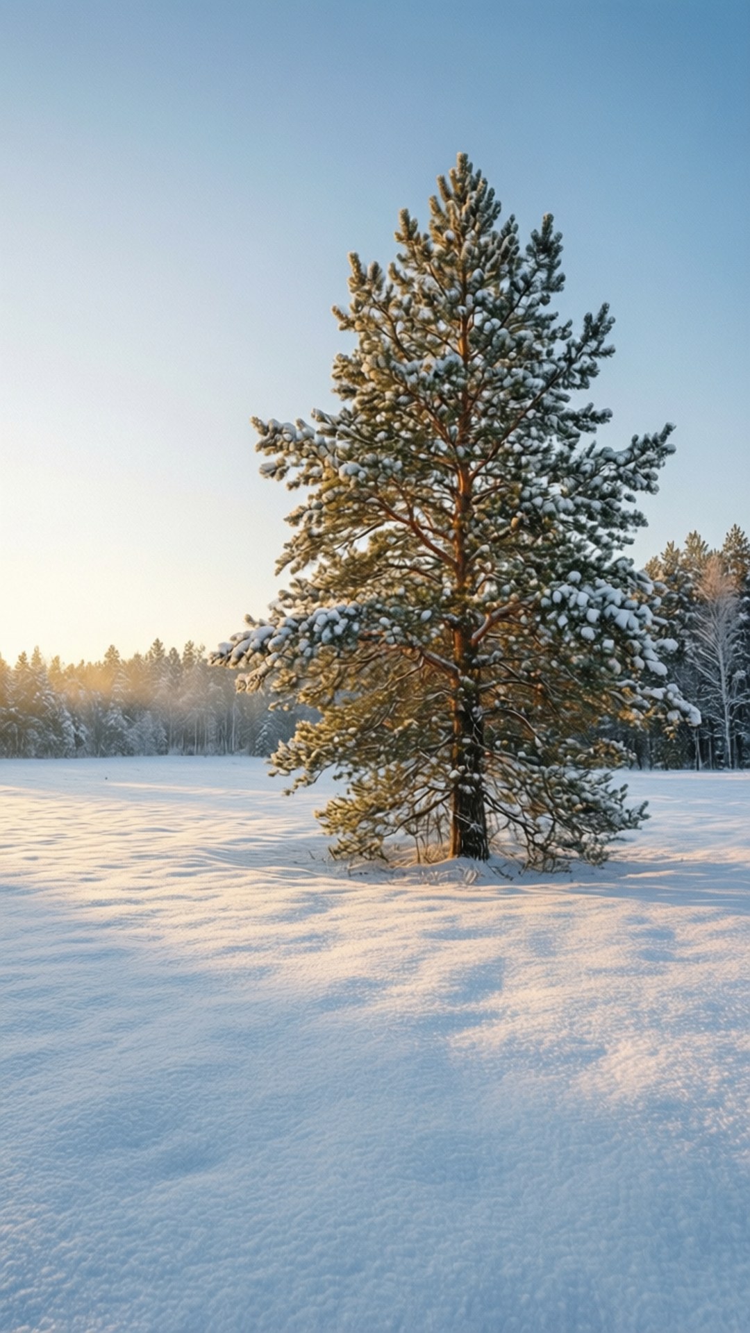 Untouched Winter Purity 壁紙 — 在日出時分，一棵孤獨的松樹披著雪花，矗立在廣闊的冬季田野上，天空湛藍清澈。