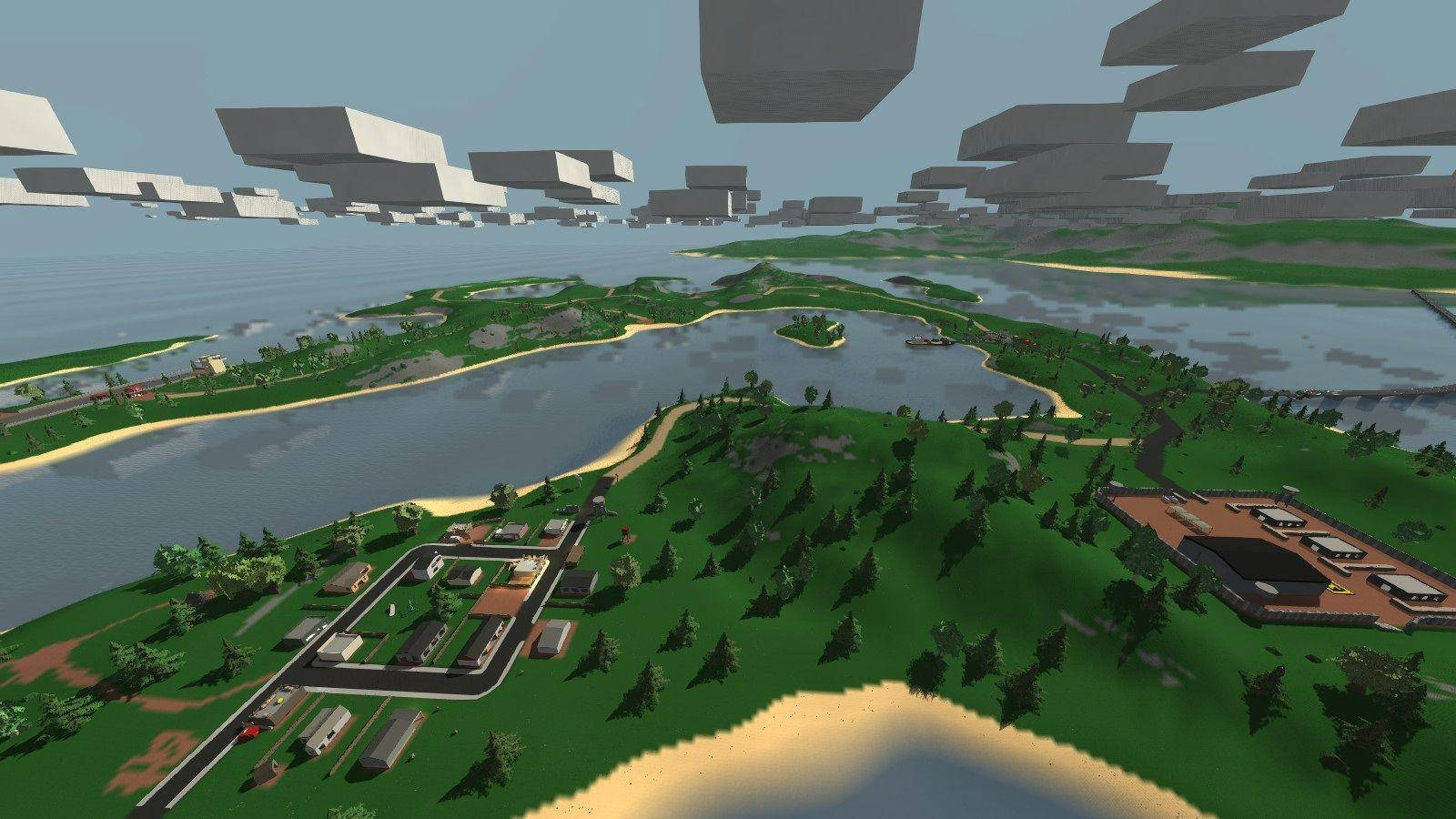 《Unturned》遊戲場景 壁紙 — 一個塊狀的3D渲染景觀，有綠色山丘、湖泊、漂浮的幾何雲朵和散落的建築，在蒼白的天空下。