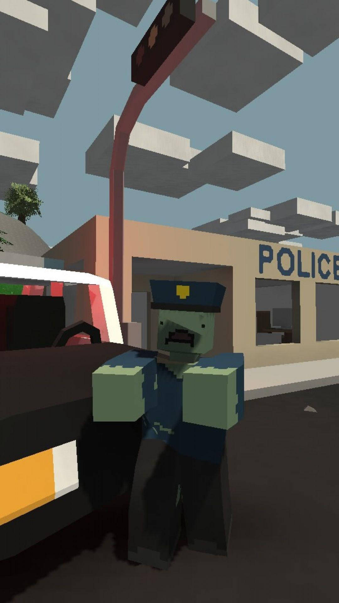 喪屍警察站在警車旁邊，前面是警察局。