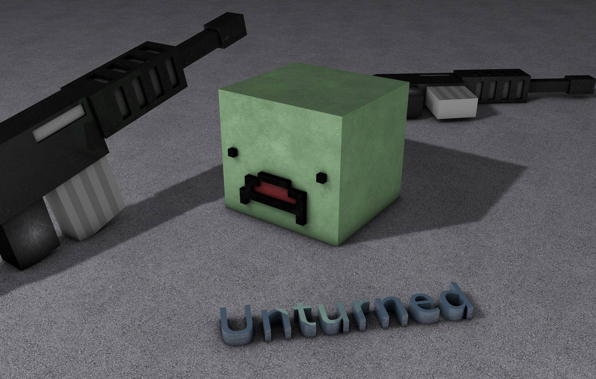 綠色像素殭屍，帶有槍支和「Unturned」文字在灰色地板上。
