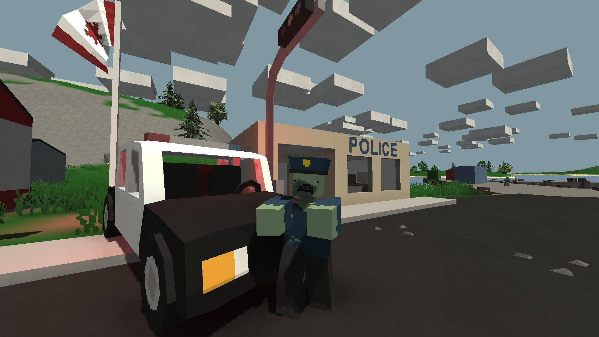 殭屍警察在油站警車旁邊，有漂浮的混凝土塊。