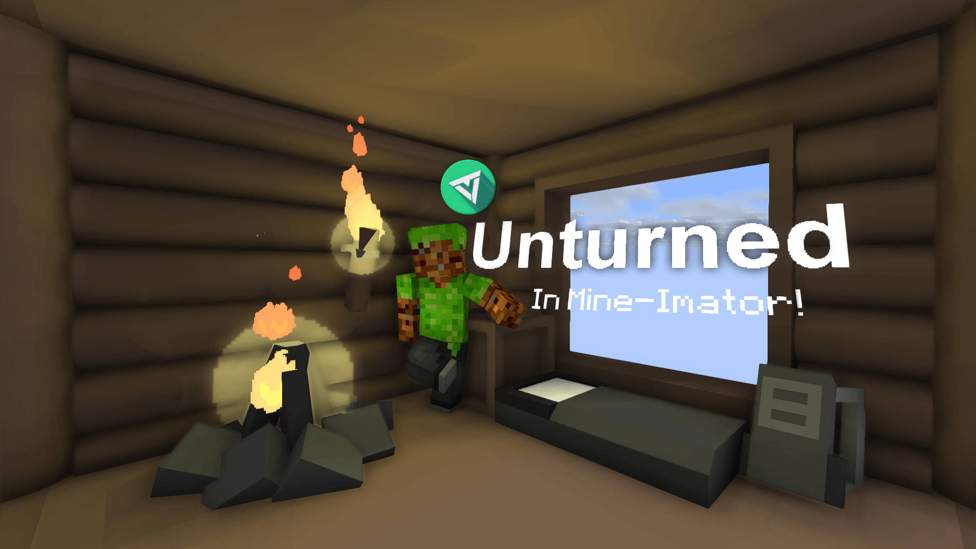 像素化Minecraft角色在木屋中，有壁爐和電視顯示Unturned標誌