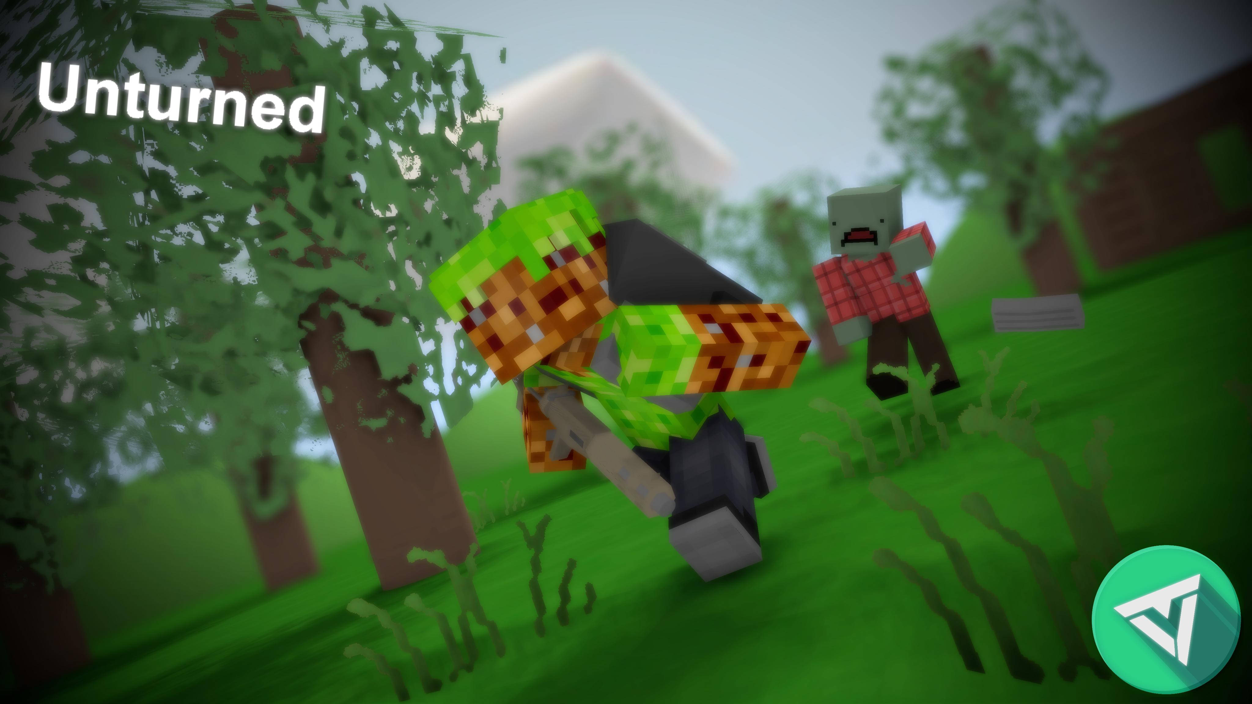 《Unturned》沙盒遊戲NPC被殭屍追逐 壁紙 — 來自遊戲 Unturned 的像素化殭屍在草地戶外場景中攻擊玩家。