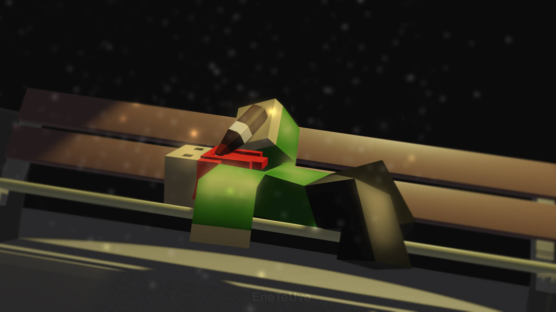 《Unturned》醉酒NPC角色藝術圖 壁紙 — 一個風格化的綠色和紅色方塊人物在星空下的木長椅上平靜地休息。