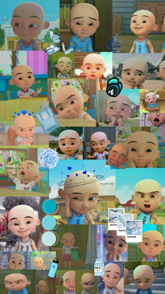 Upin Ipin 藍色美學拼貼 壁紙 — 一個充滿活力的動畫場景拼貼畫，以一個光頭小男孩在各種表情豐富的時刻和色彩繽紛的環境中為特色。