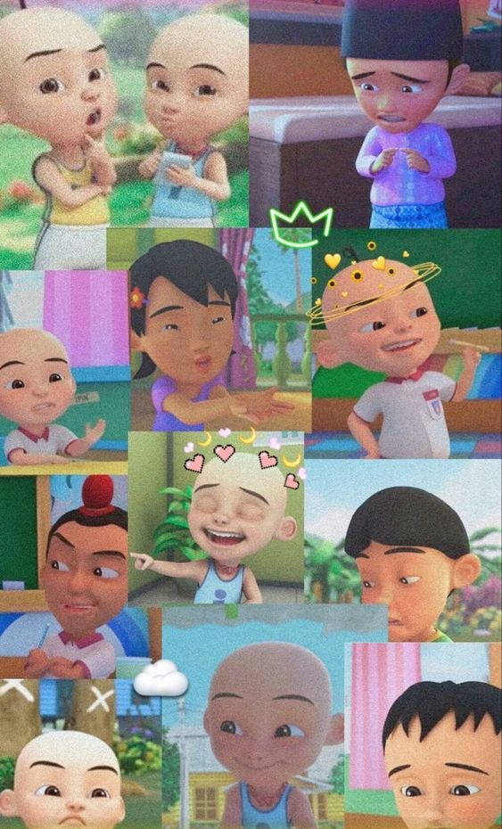 時尚 Upin Ipin 照片拼貼 壁紙 — 一個充滿活力的動畫兒童面孔拼貼，在色彩繽紛的卡通場景中展示各種表情。