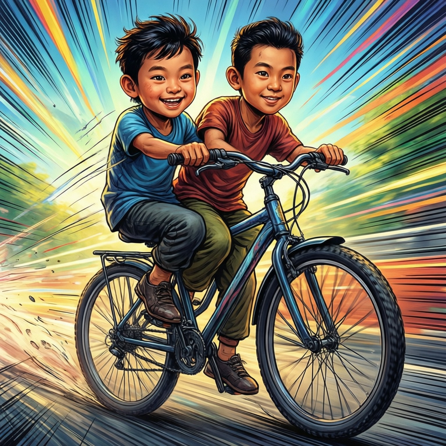 Upin與Ipin騎自行車PNG 壁紙 — 兩個快樂的男孩一起騎單車，穿過充滿動感的鮮豔條紋背景。