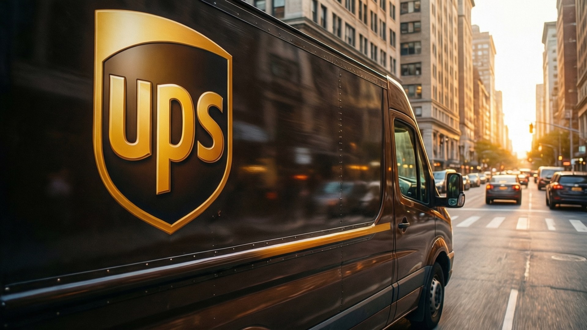 日落時分，UPS送貨車在繁忙的城市街道上行駛。