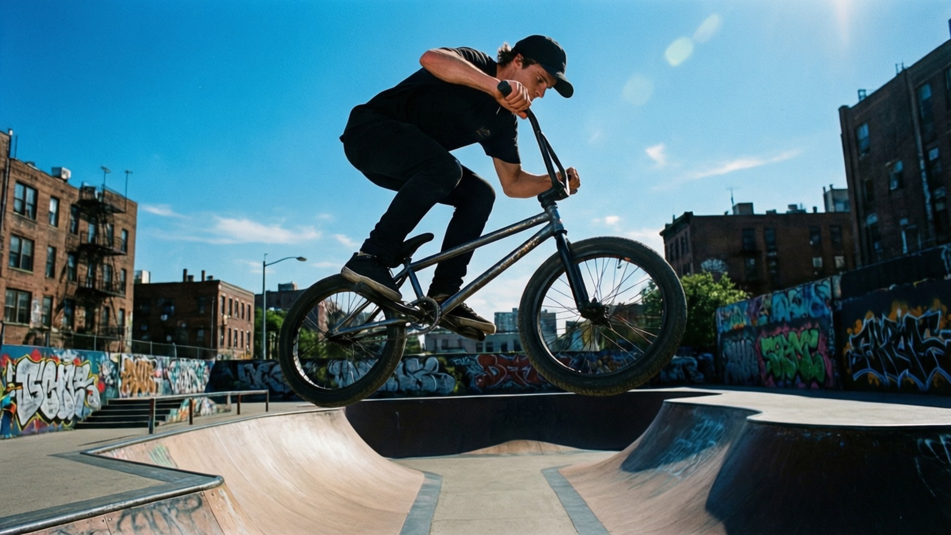 Bmx車手在滑板公園坡道上空飛翔，背後有塗鴉牆和磚建築