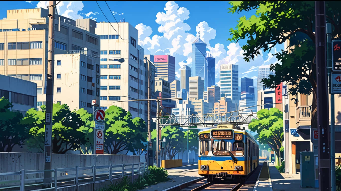 黃色電車在藍天下穿過有綠樹和高樓的城市街道上的軌道