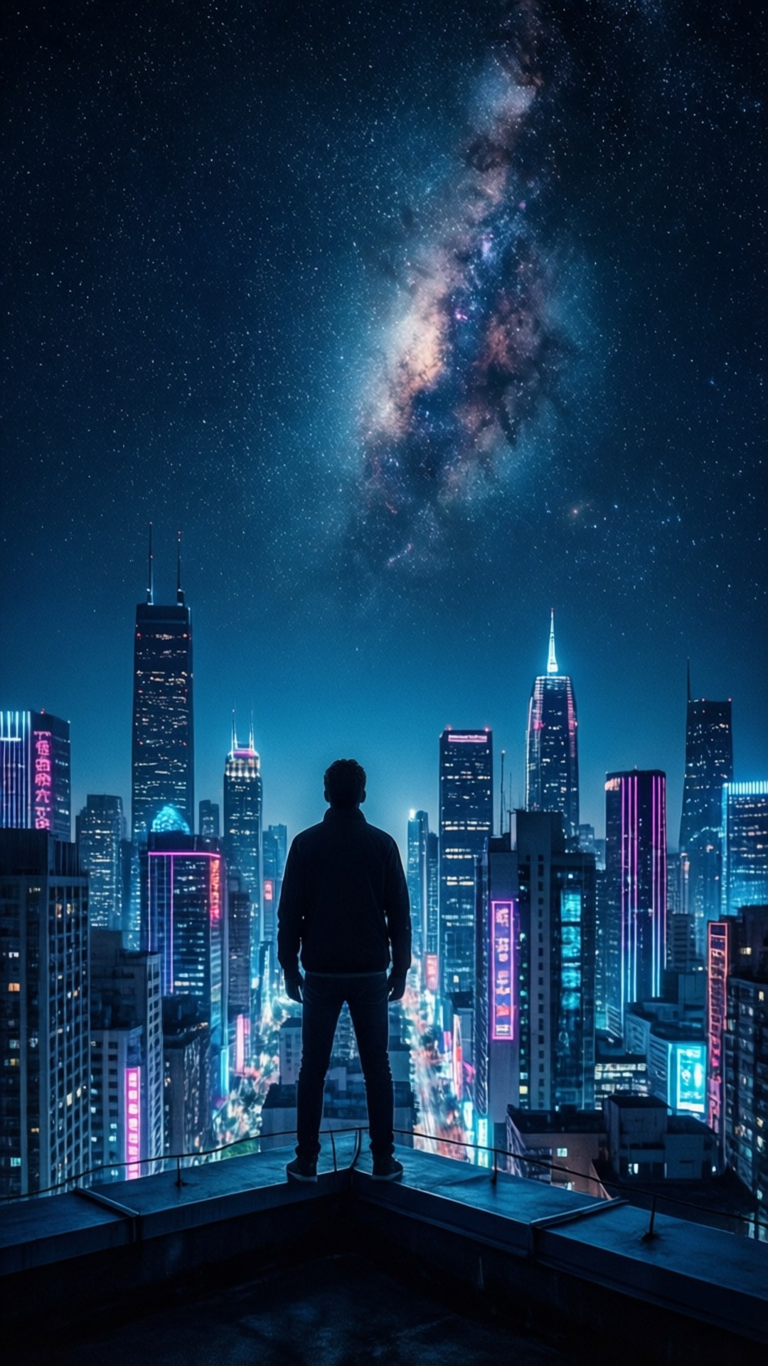 人在屋頂凝視發光的城市和星空