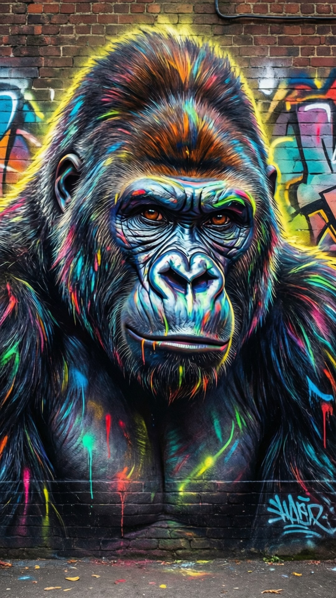 磚牆上帶有顏料滴落的充滿活力的霓虹塗鴉猩猩壁畫。