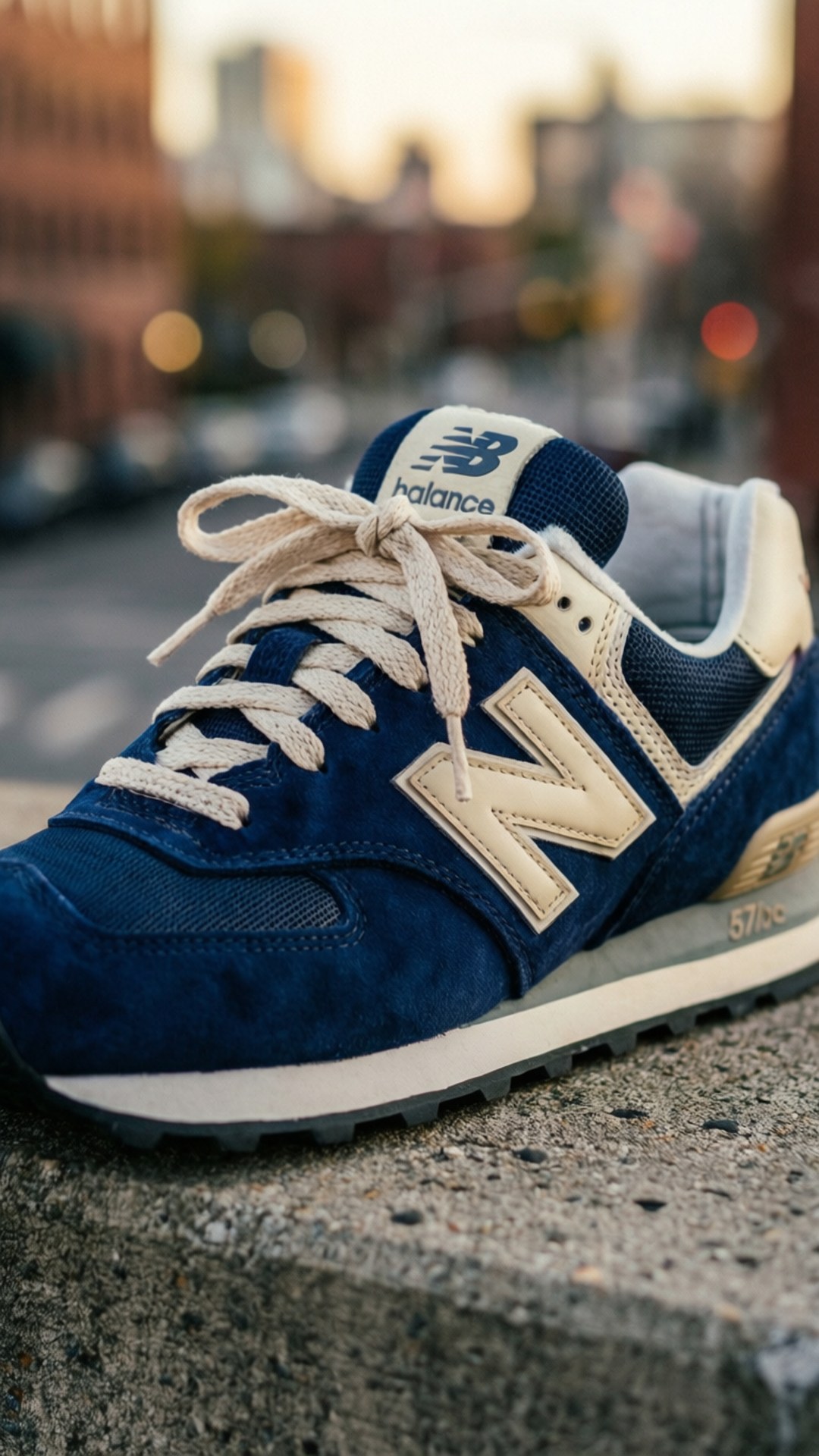 海軍藍色 New Balance 574 運動鞋，米色鞋帶，在混凝土邊緣上，城市日落背景。