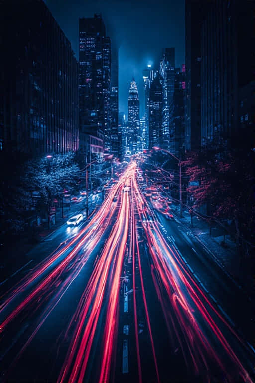 夜晚的城市街道，高樓之間有移動車輛的紅色和白色光條。