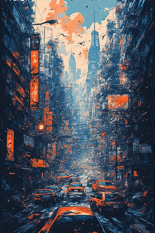 未來主義城市街道，高聳建築、霓虹燈牌和橙色出租車，天空多雲