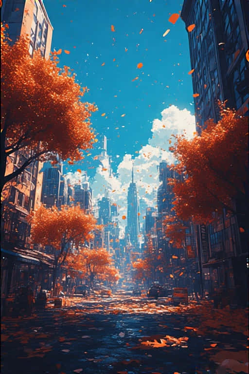 Urban Safari 4K 壁紙 — 一條未來主義的城市街道，兩旁是鮮豔的橙色樹木，落葉飄飄，背景是明亮的藍天。
