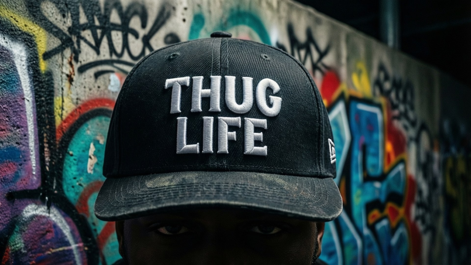 戴黑色帽子的人，帽子有白色 'THUG LIFE' 文字，背景是塗鴉牆