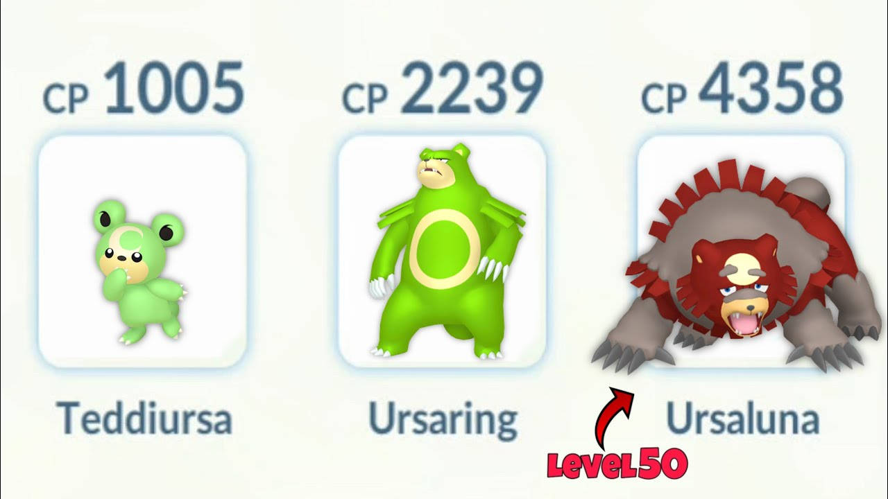 三張寶可夢進化卡顯示了Teddiursa、Ursaring和Ursaluna，附有CP值，並有一個紅色箭頭指向標示為Level 50的Ursaluna。