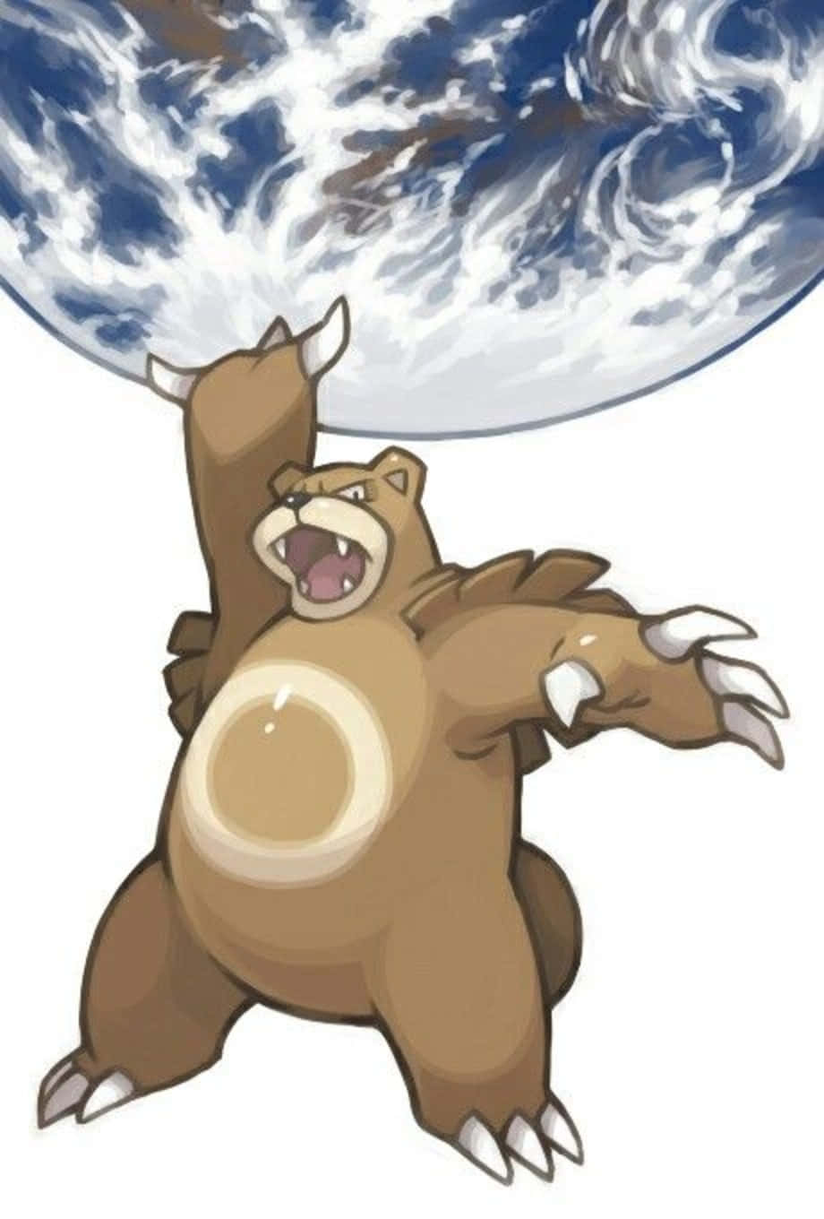 一隻棕色熊寶可夢咆哮著，將一個星球高舉過頭。