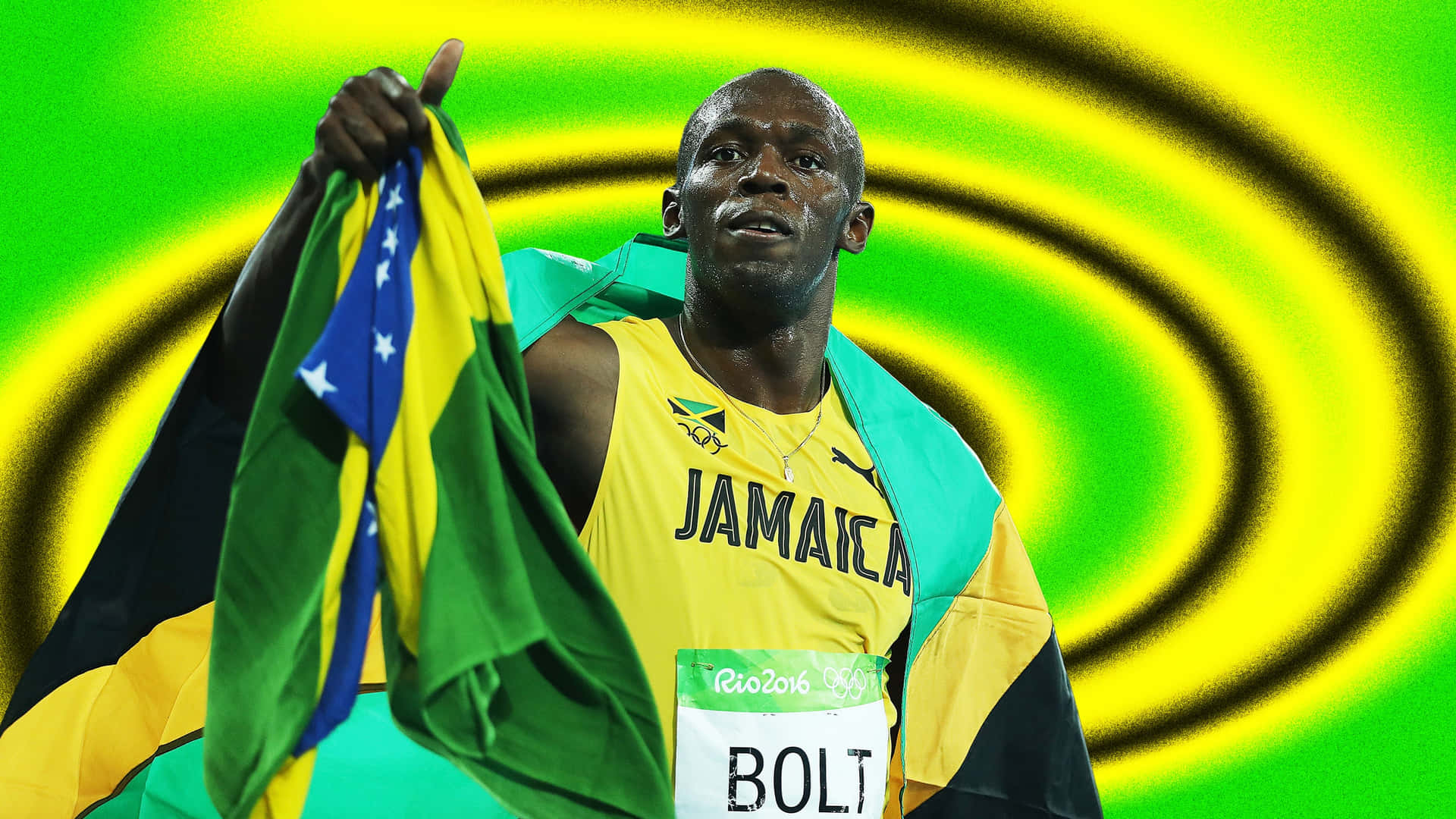 Usain Bolt 在2016年里約奧運會上披著牙買加國旗，手持巴西國旗。