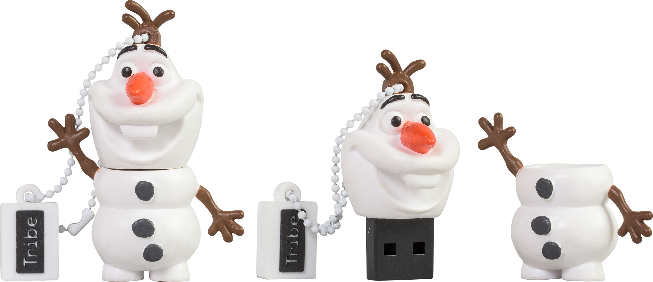 奧拉夫主題USB隨身碟設計 壁紙 — 三個 Olaf USB 手指，採用雪人設計和樹枝手臂，立於中性背景前。