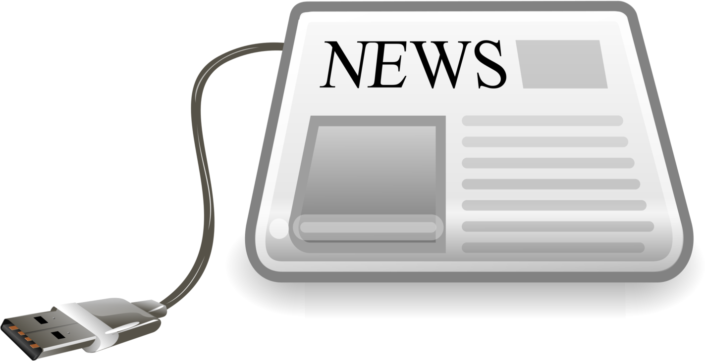 USB新聞圖標 壁紙 — 一個風格化的報紙圖標，帶有「NEWS」文字，通過USB線連接到USB端口。