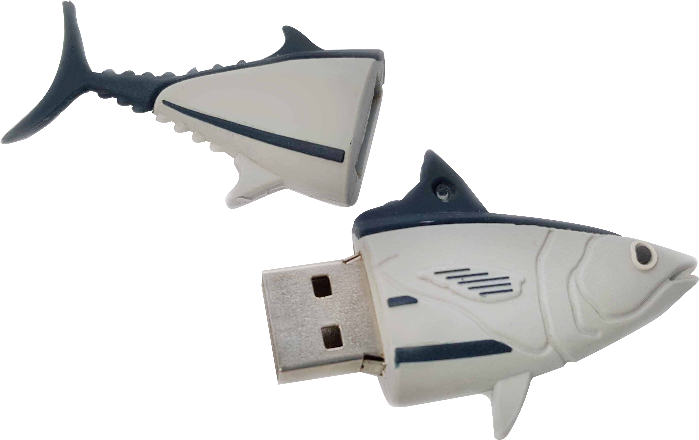 鯊魚造型 USB 記憶棒 壁紙 — 兩個金槍魚形狀的USB隨身碟，帶有銀色連接器，在黑色背景上。