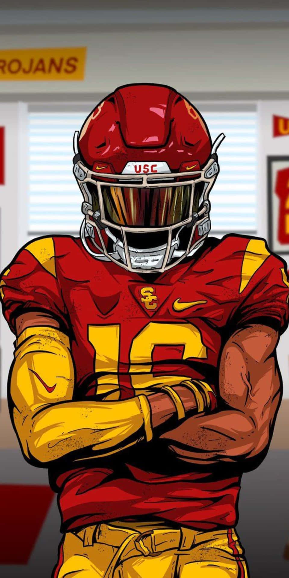 USC Trojans 球員藝術圖：Pixel 3 足球背景 壁紙 — 一位自信的南加州大學（USC）美式足球員，身穿紅金色球衣，在更衣室內交叉雙臂站立。