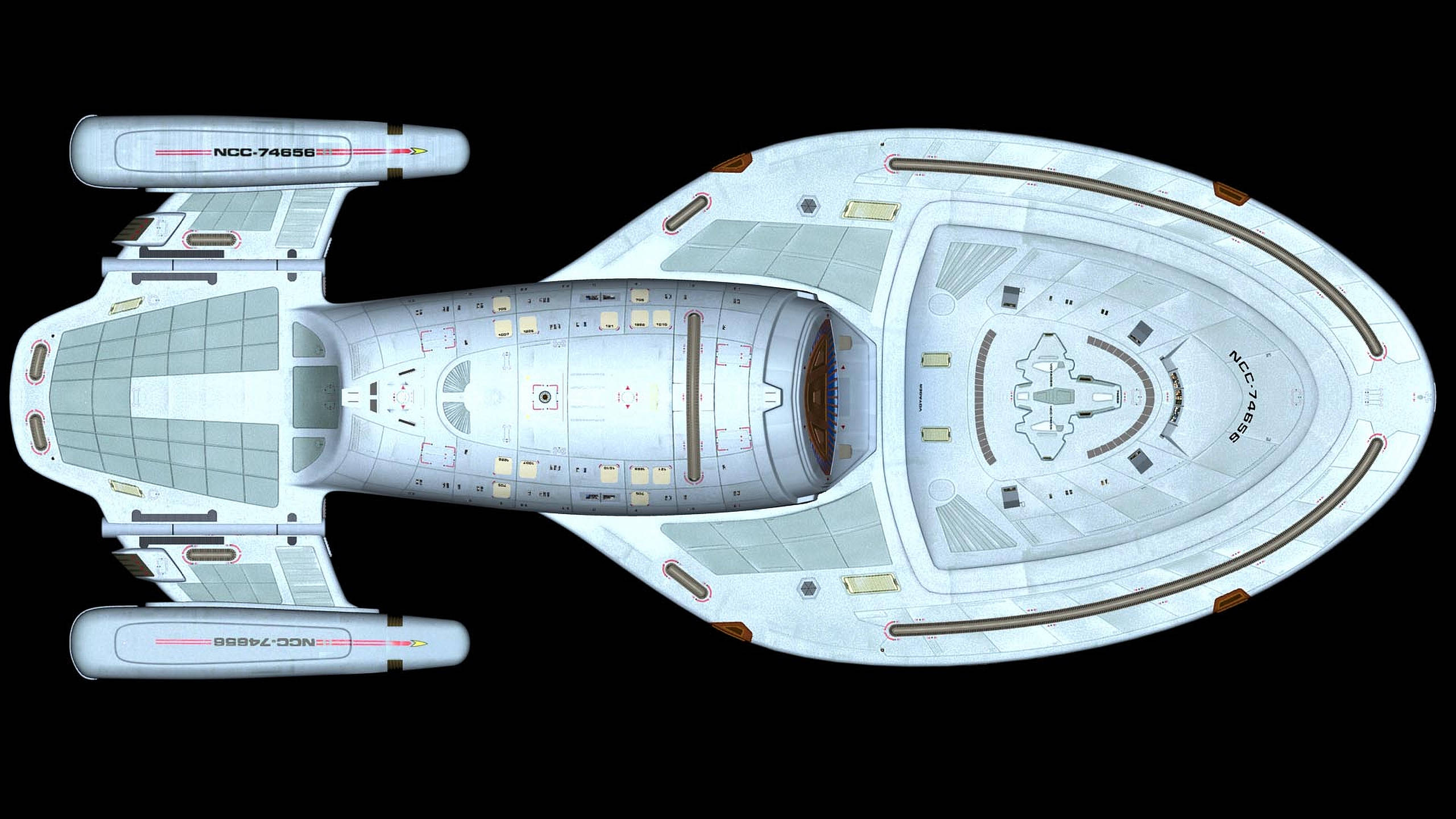 星際迷航星艦 USS Voyager 結構圖 壁紙 — 從上方俯瞰一艘細節豐富的星艦，帶有白色和灰色面板，背景為黑色。