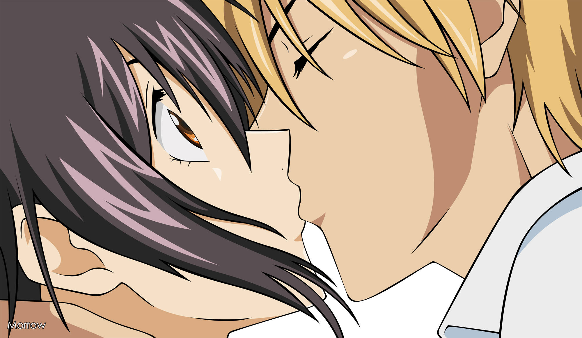 學生會長是女僕 Usui Misaki 親吻 壁紙 — 兩個動漫角色在柔和燈光下分享親吻，表情細緻。