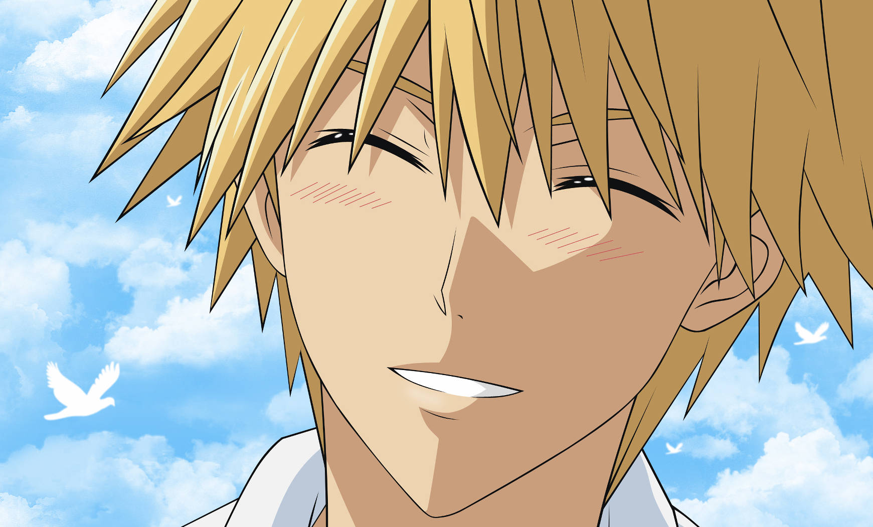 《我推的孩子》開心 Usui Takumi 壁紙 — 一個開心的動畫男孩，有著刺刺的金色頭髮，在點綴著蓬鬆雲朵和白色鳥兒的明亮藍天下溫柔微笑。