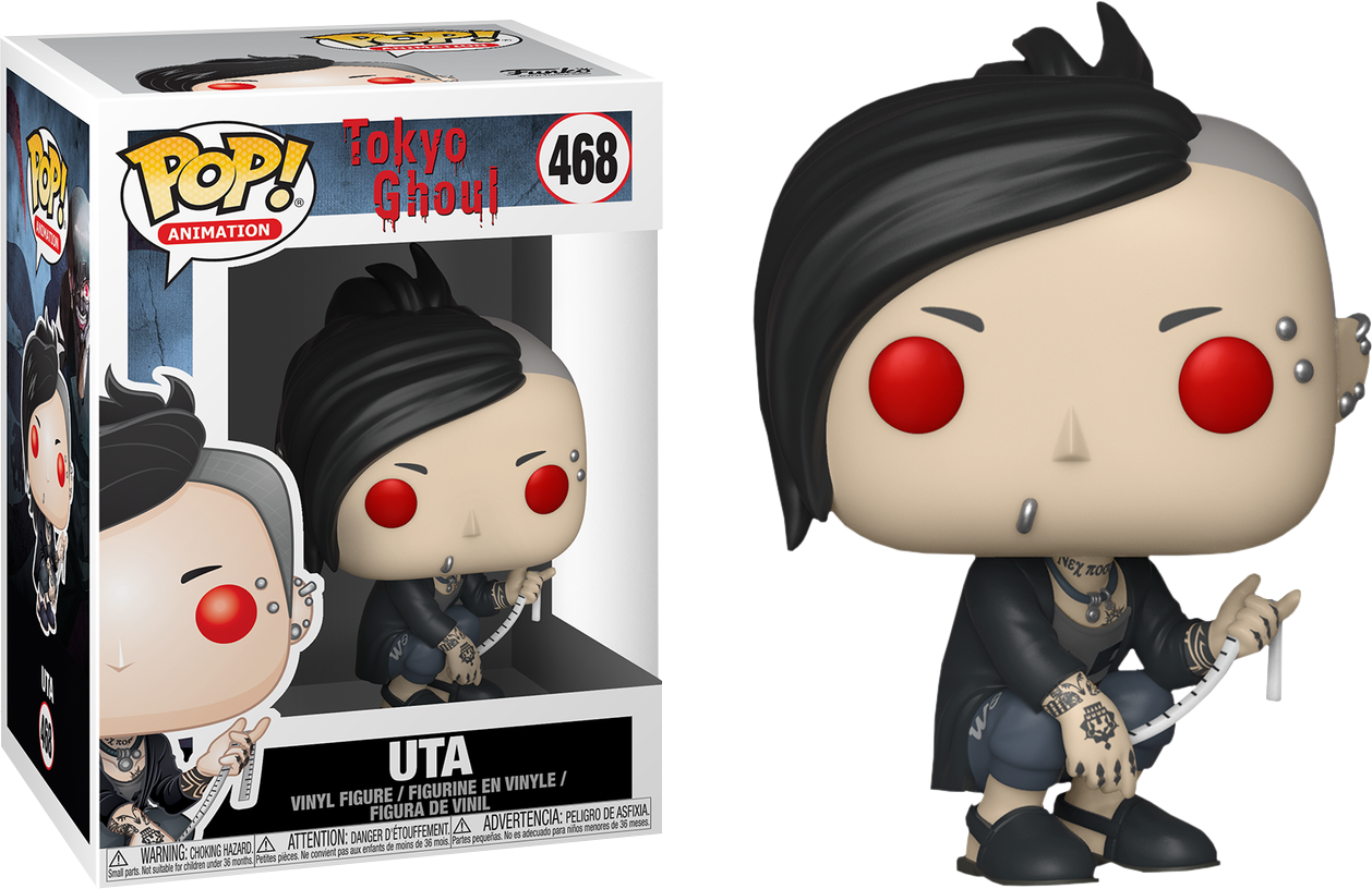 東京喰種 UTA Funko Pop! 毛絨公仔468 壁紙 — 一個來自《東京喰種》的Uta Funko Pop! 乙烯基公仔，旁邊放著收藏盒，背景為黑色。
