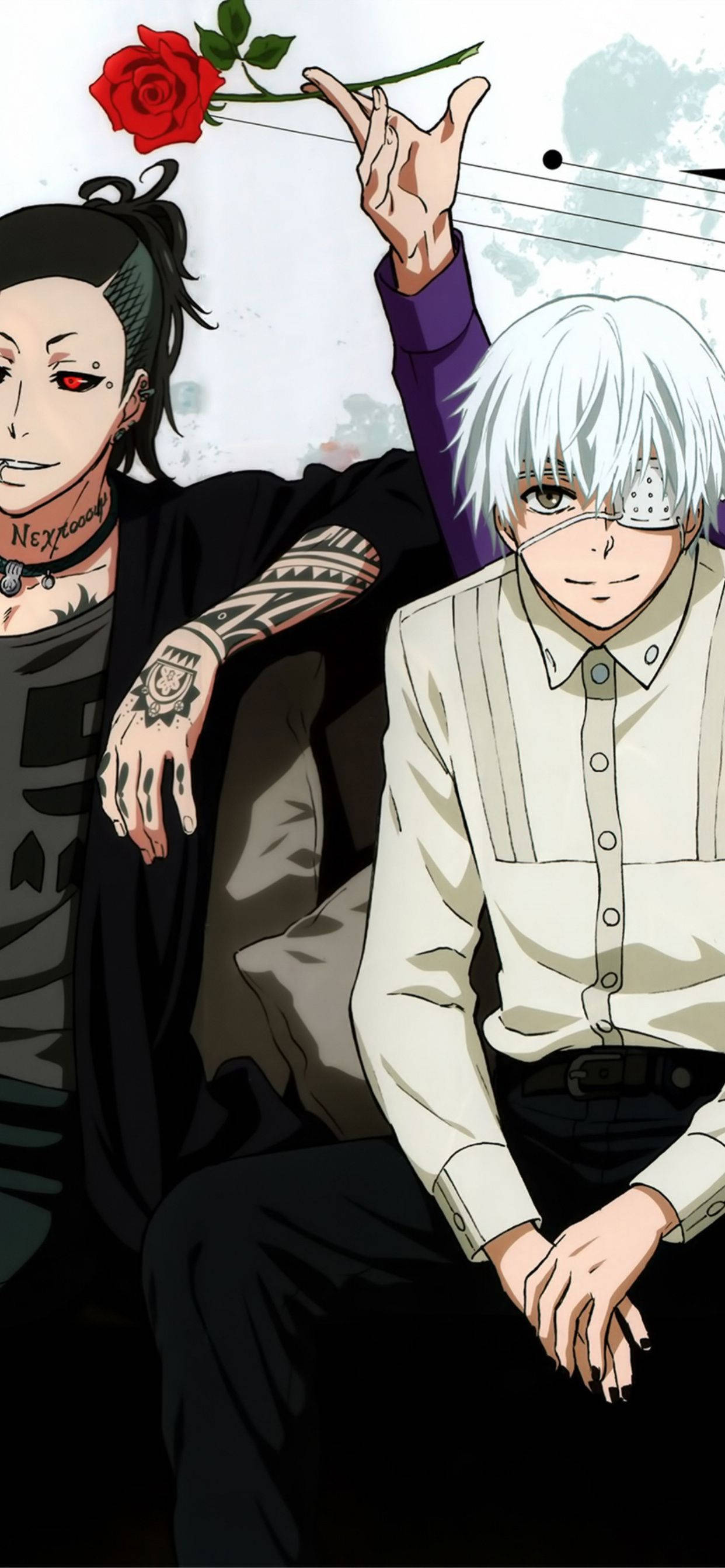 Uta 與 Ken Kaneki 東京喰種 iPhone 背景 壁紙 — 兩個動漫角色，一個白髮戴眼罩手持紅玫瑰，另一個有紋身和紅眼凝視前方。