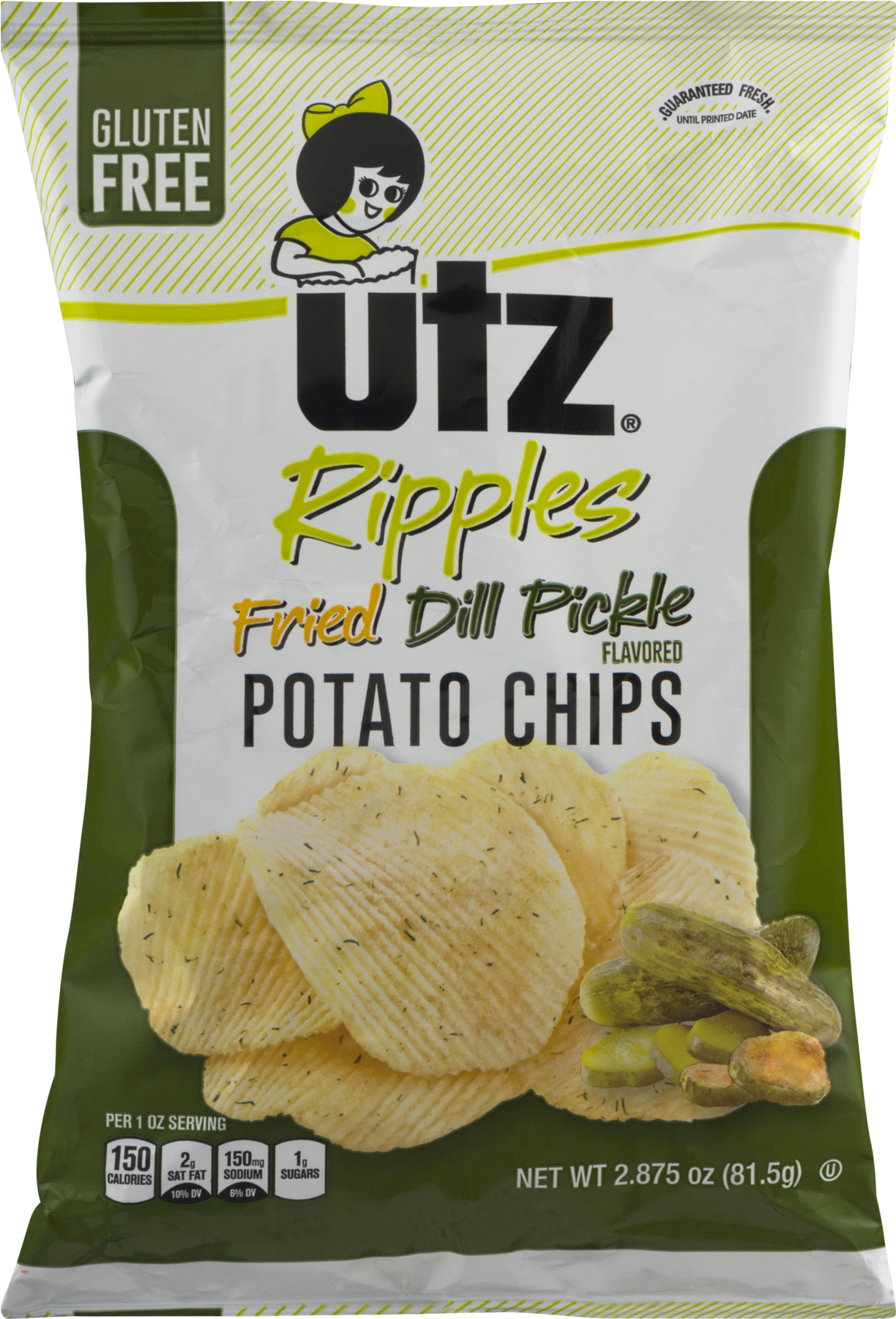 Utz Ripples 辣味洋蔥薯片包裝 壁紙 — 一袋 Utz Ripples 炸蒔蘿泡菜味薯片，附有卡通吉祥物和營養資訊。