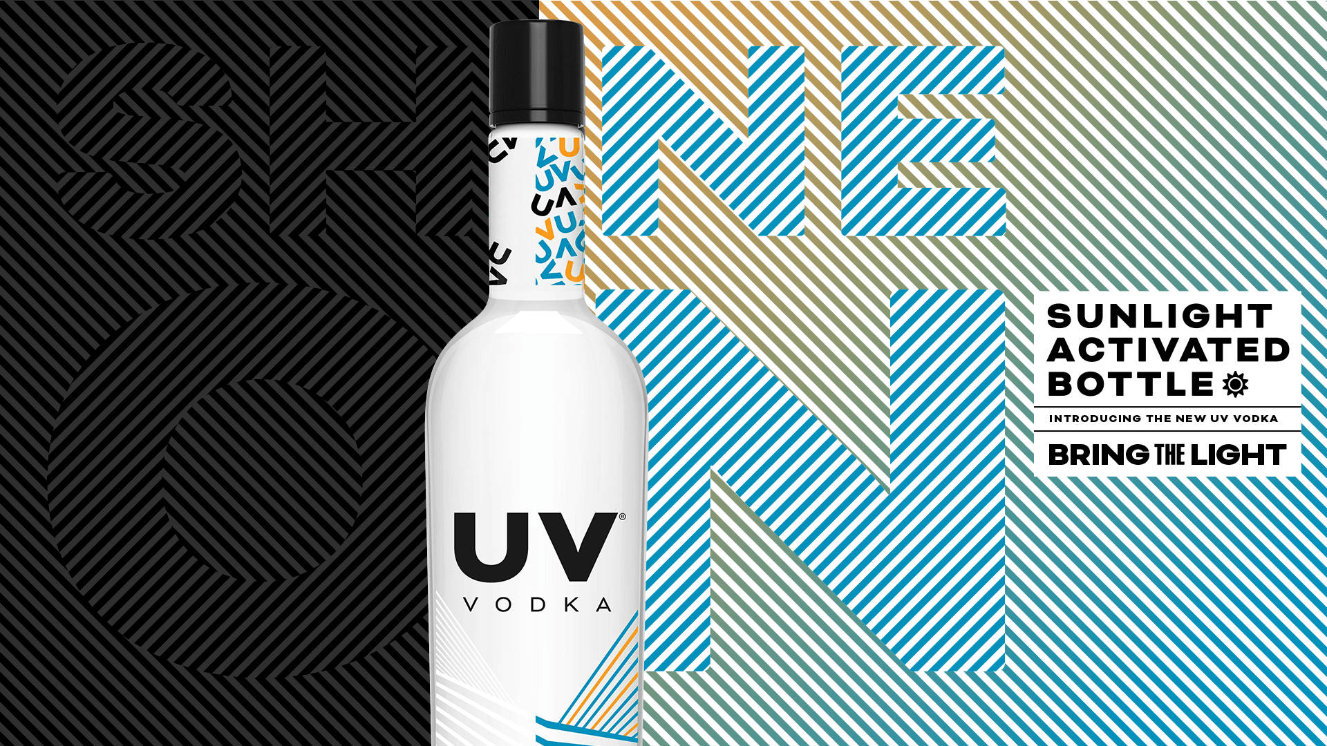 白色UV伏特加酒瓶，具有陽光激活功能，置於幾何背景上。