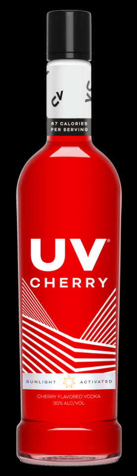 UV櫻桃伏特加 壁紙 — 一個鮮紅色的UV Cherry伏特加酒瓶，帶有白色幾何圖案和黑色瓶蓋，矗立在純黑色背景前。