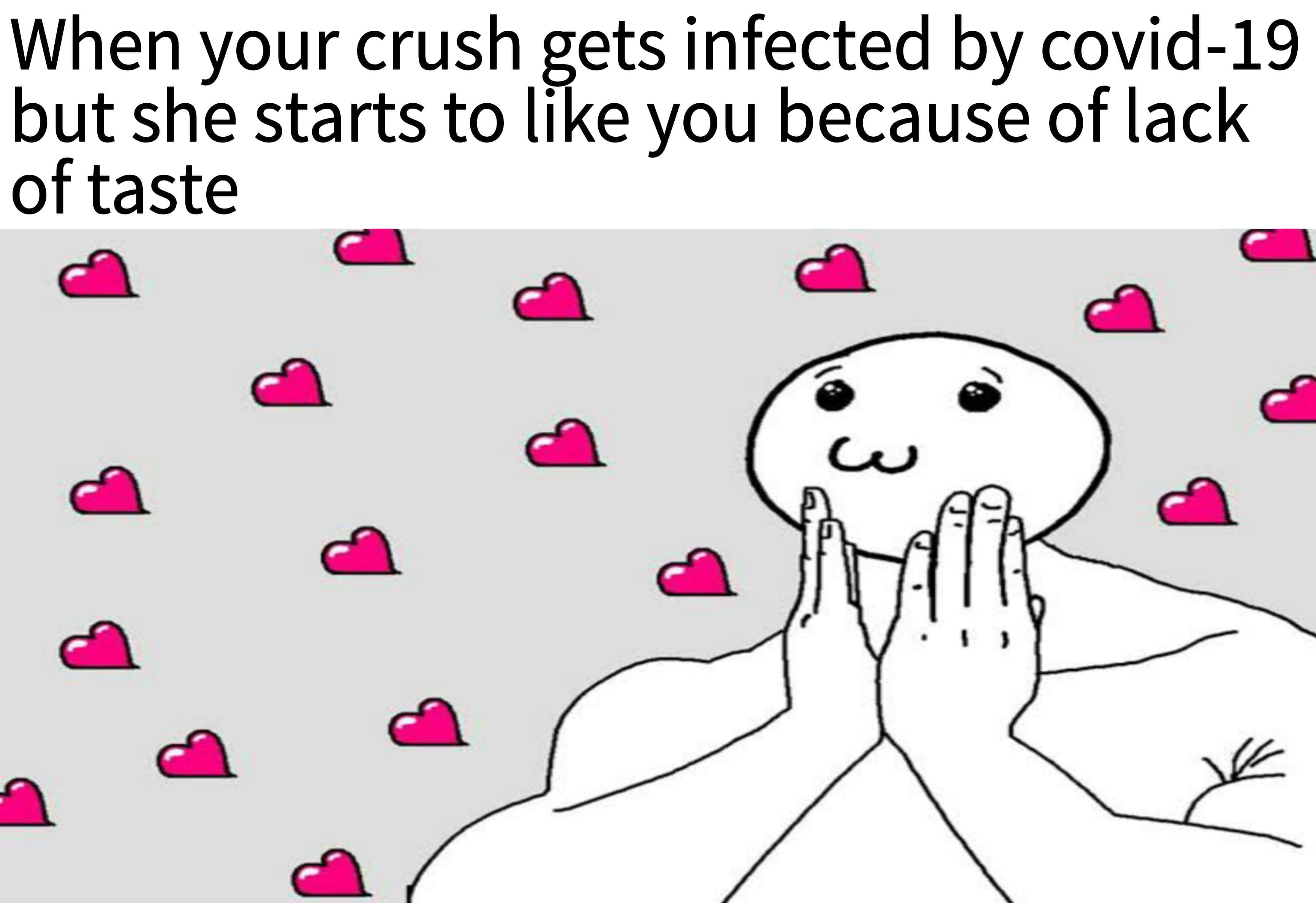 uwu 心形 Dank Memes 圖片 壁紙 — 一個簡單線條角色，雙手合十祈禱，周圍漂浮著粉紅色心形，背景為灰色。