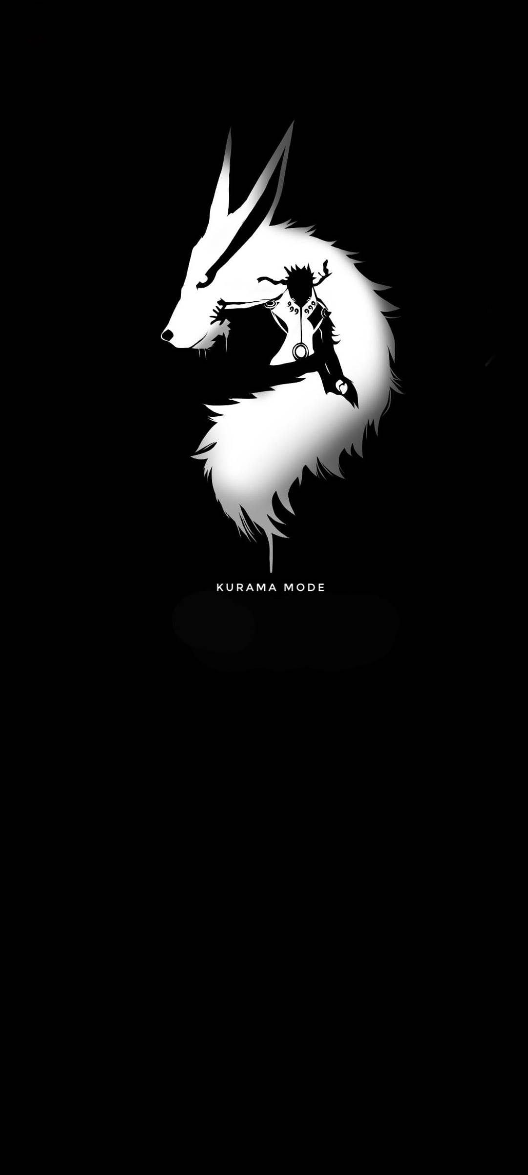 Uzumaki Naruto 黑色九喇嘛模式 壁紙 — 純黑色背景上，一隻九尾狐的鮮明白色剪影，背上騎著一個小人。