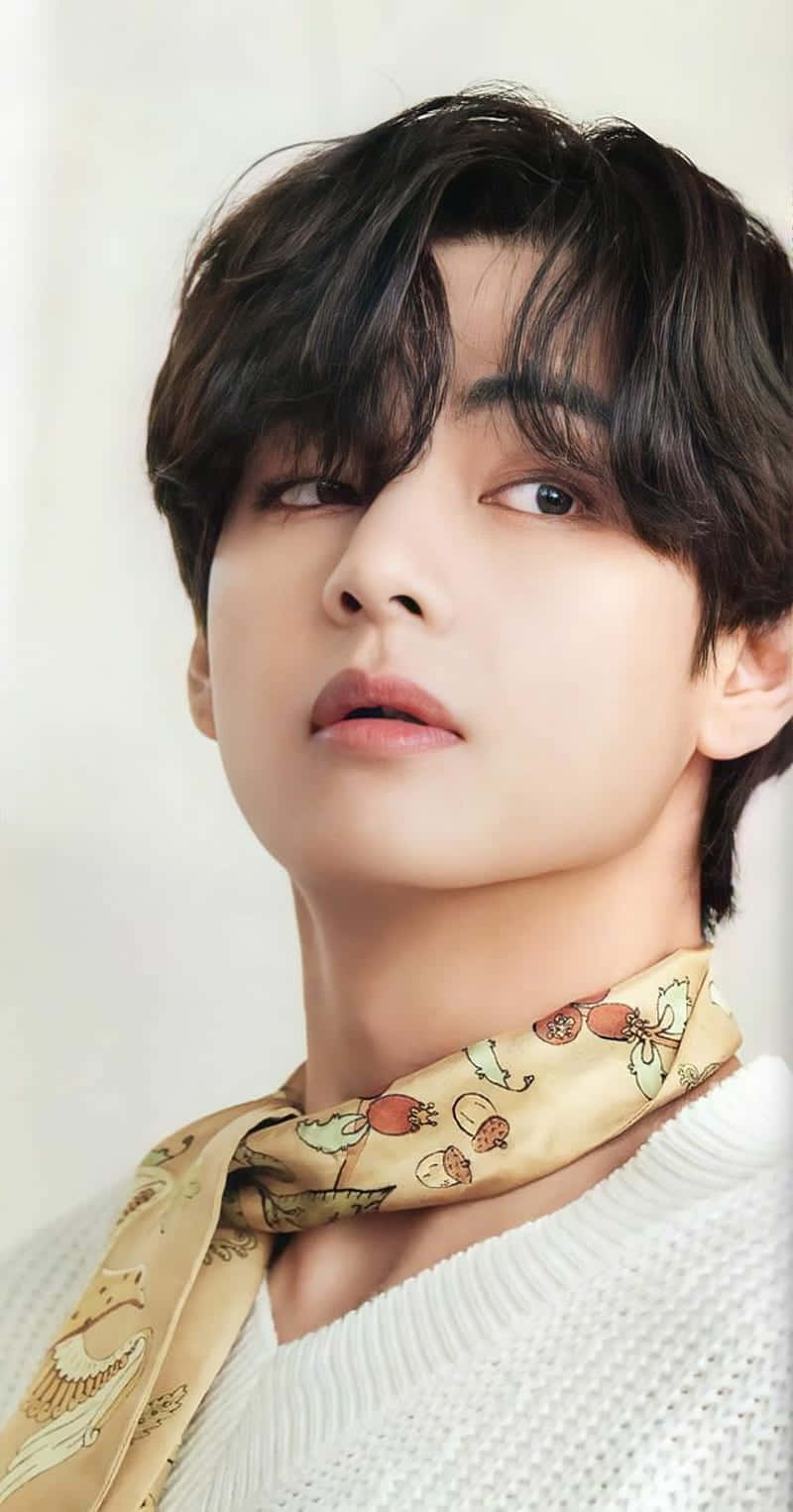V BTS 手機壁紙 壁紙 — 一個年輕黑髮男子戴著圖案圍巾，在柔和白色背景下的特寫肖像。