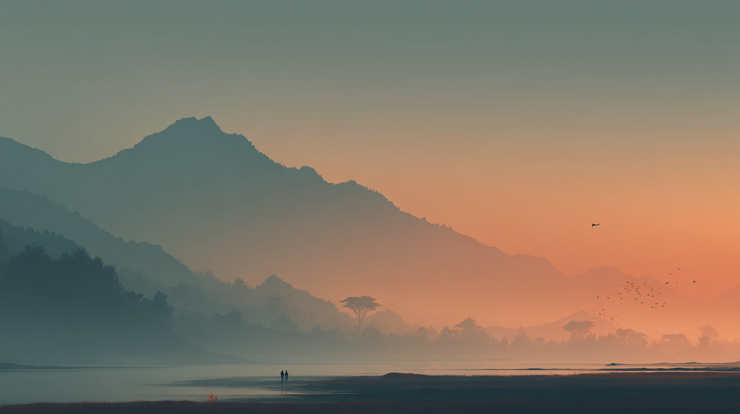 寧靜風景 V 壁紙 — 兩個剪影人物在黎明時分走過霧氣瀰漫的湖泊，背景是層疊的山巒和一棵孤樹，天空呈現橙色漸變。