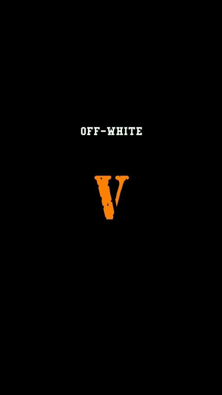 橙色 V 字 Off White iPhone 壁紙 — 在純黑背景上，白色OFF-WHITE文字下方居中放置大膽的橙色做舊V標誌。
