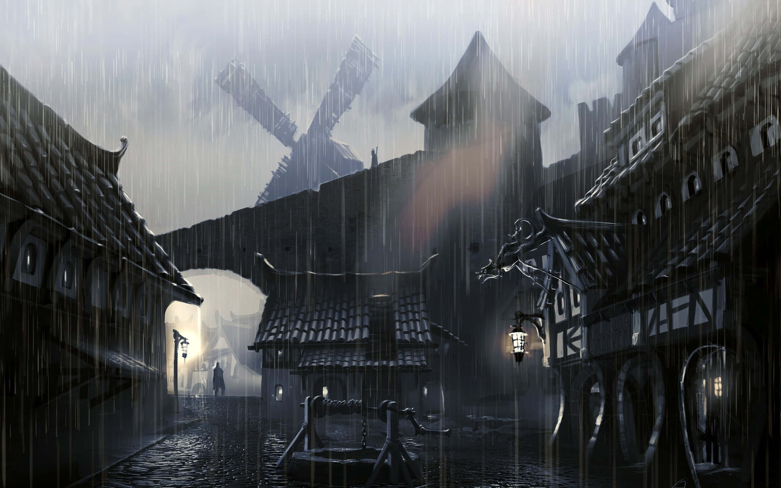 《上古卷軸V：天際》的美麗世界，如圖所示 壁紙 — 一條下雨的中世紀村莊街道，有木框架房屋、發光的燈籠和遠處迷霧中的風車。
