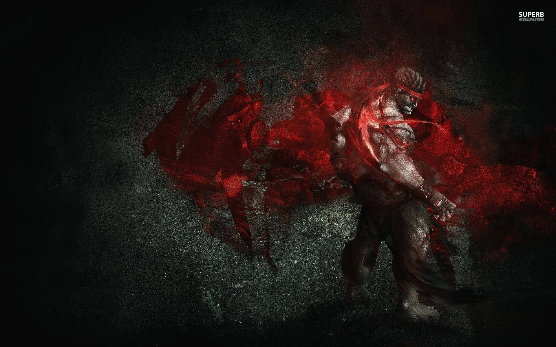 街頭霸王V 惡魔版 Ryu 壁紙 — 一個肌肉發達的戰士，周圍湧現出熾熱的紅色能量，背景陰暗粗糙。