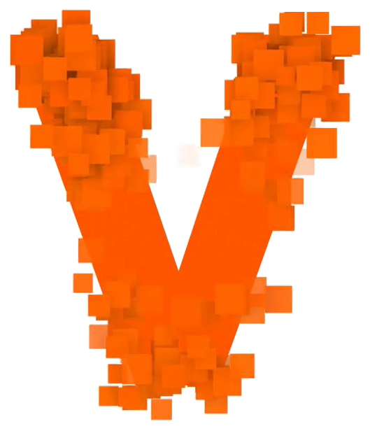 像素化字母V 壁紙 — 一個由發光立方體組成的醒目橙色像素字母V，在純黑色背景上脫穎而出。
