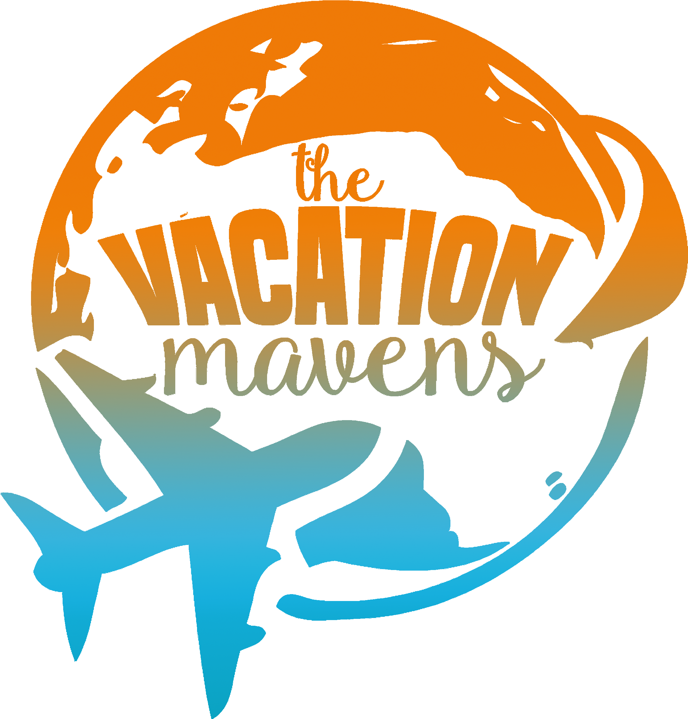 Vacation Mavens 標誌 壁紙 — 一個風格化的橙色地球儀，藍色飛機在黑色背景上的文字「the VACATION mavens」下方飛行。