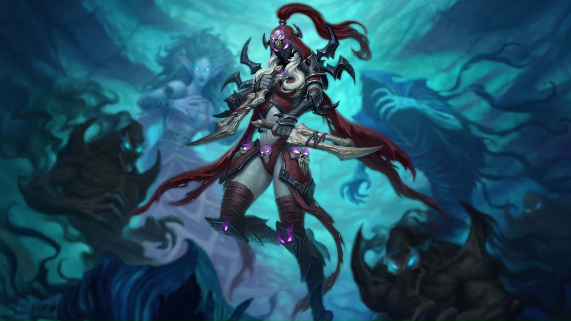 Valeera Sanguinar 持箭對戰幽靈 - Hearthstone 桌面設計 壁紙 — 一位擁有發光紫色眼睛和飄逸紅色斗篷的黑暗奇幻戰士，在旋轉的青色和黑色魔法能量中傲然站立。