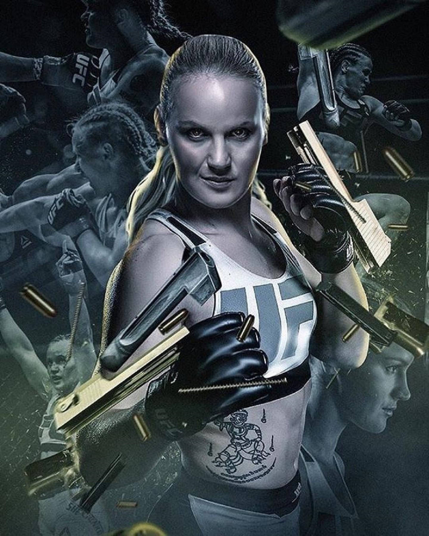 Valentina Shevchenko UFC 女戰士粉絲藝術照 壁紙 — 一個兇猛的女戰士直視前方，手持槍枝，子彈殼在她周圍飛舞，形成一幅黑暗粗糙的拼貼畫。