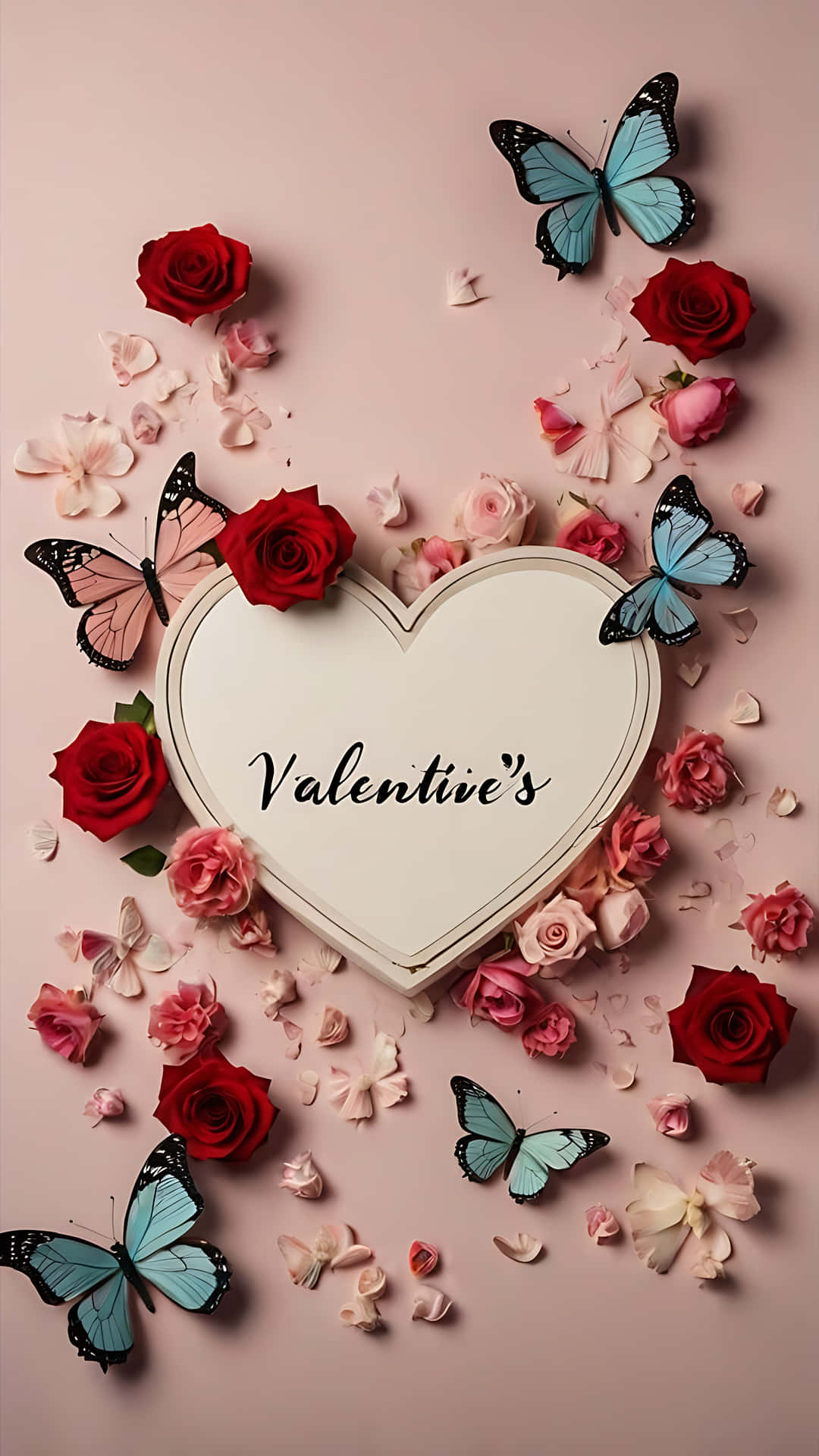 Valentine's Day Love Sign with Butterflies wallpaper 壁紙 — 一個白色心形標有Valentines，周圍環繞著紅粉玫瑰和藍色蝴蝶，背景為柔和粉紅色。