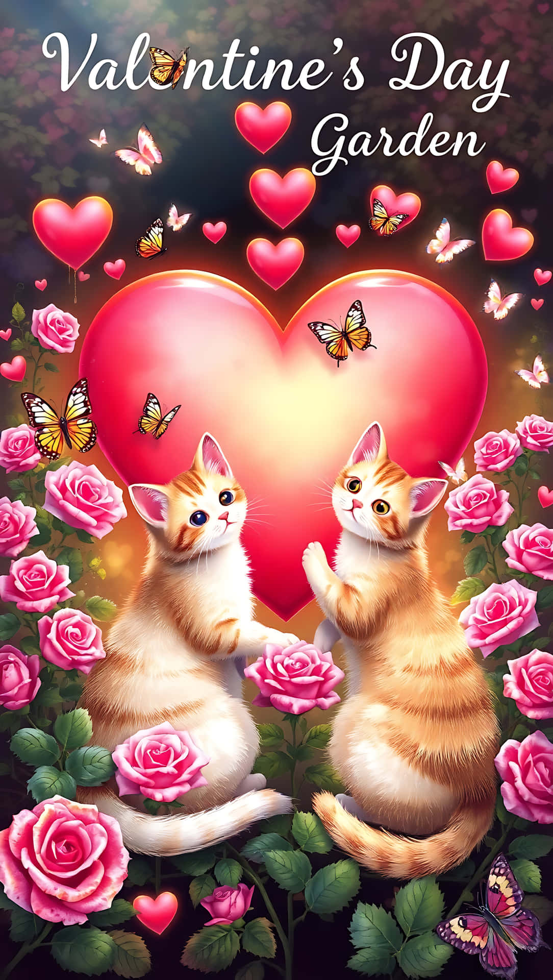 Valentine’s Heart Garden with Cats, smartphone wallpaper 壁紙 — 兩隻薑貓坐在粉紅玫瑰和翩翩蝴蝶之間，下方是發光的愛心，在情人節花園中。