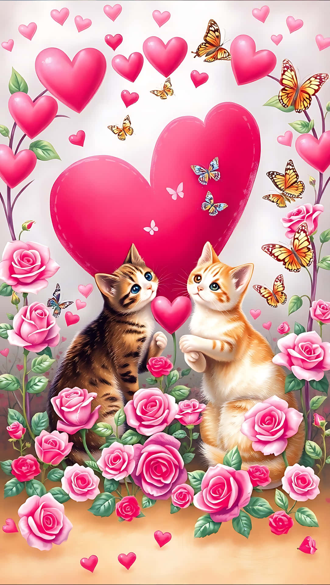 Valentine’s Heart Garden with Cats, smartphone wallpaper 壁紙 — 兩隻小貓坐在粉紅玫瑰和心形圖案中，蝴蝶圍繞著一個巨大的心形飛舞。